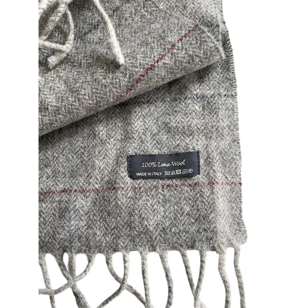 Men's Grey Checkered Herringbone 100% Wool Winter Scarf 12